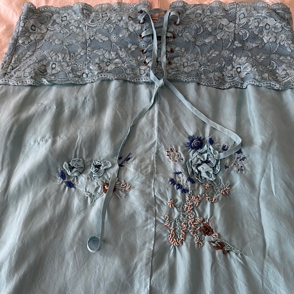 Da-Nang Light Blue A-Line Skirt with Floral Embroidery